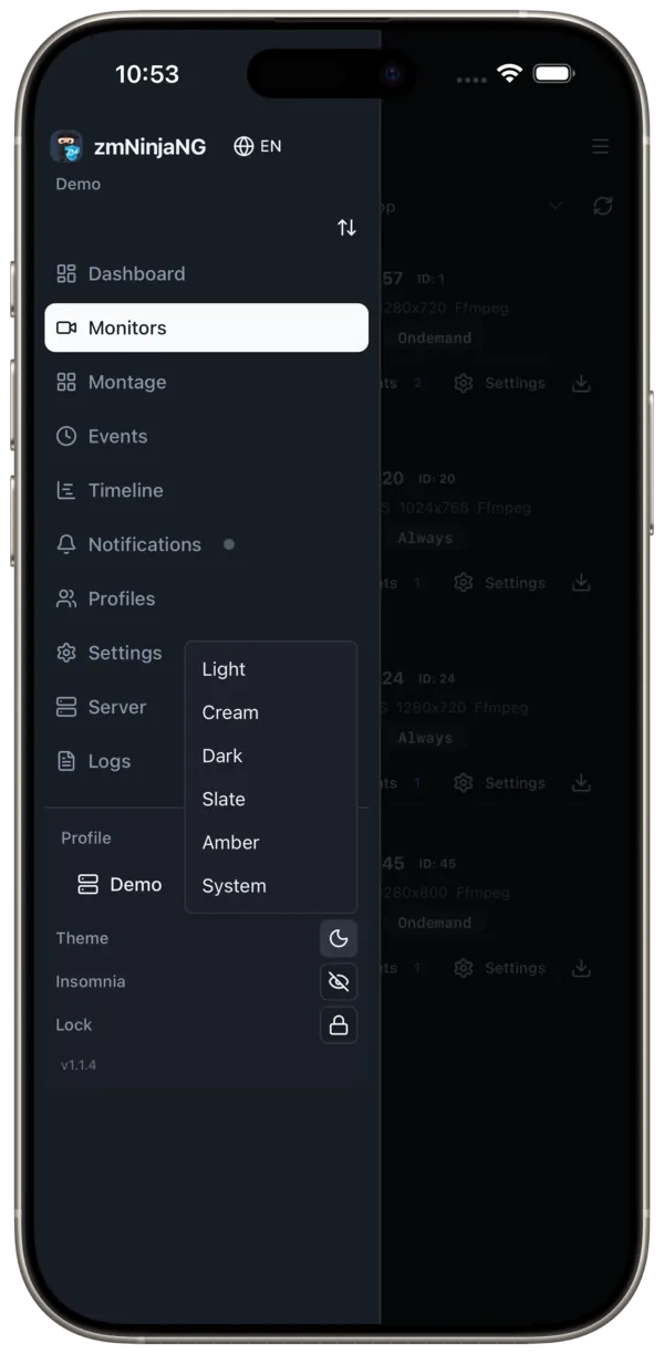 Sidebar showing theme picker with light, cream, dark, slate, and amber options