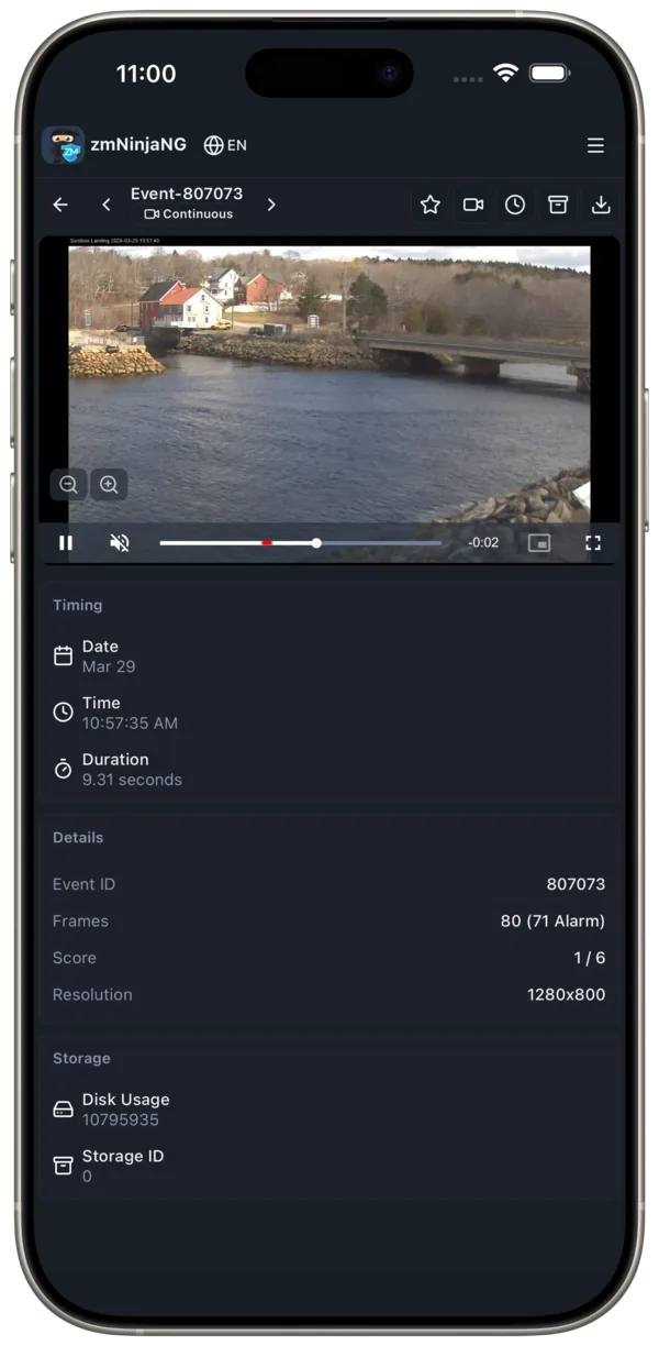 Event detail with video playback, timing, and metadata