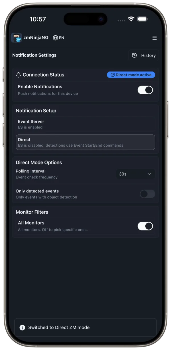 Notification settings with direct mode and monitor filters